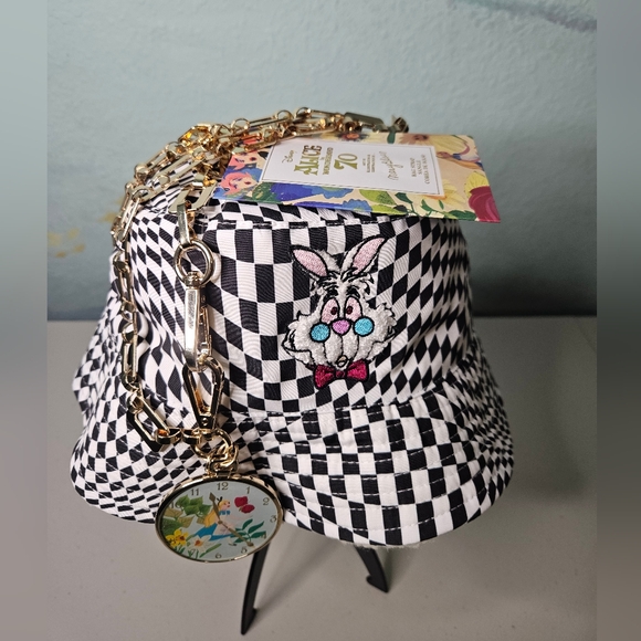 Alice In Wonderland Bucket Hat, And  70th Anniversary Bag Strap Charm. NWT - Picture 6 of 8